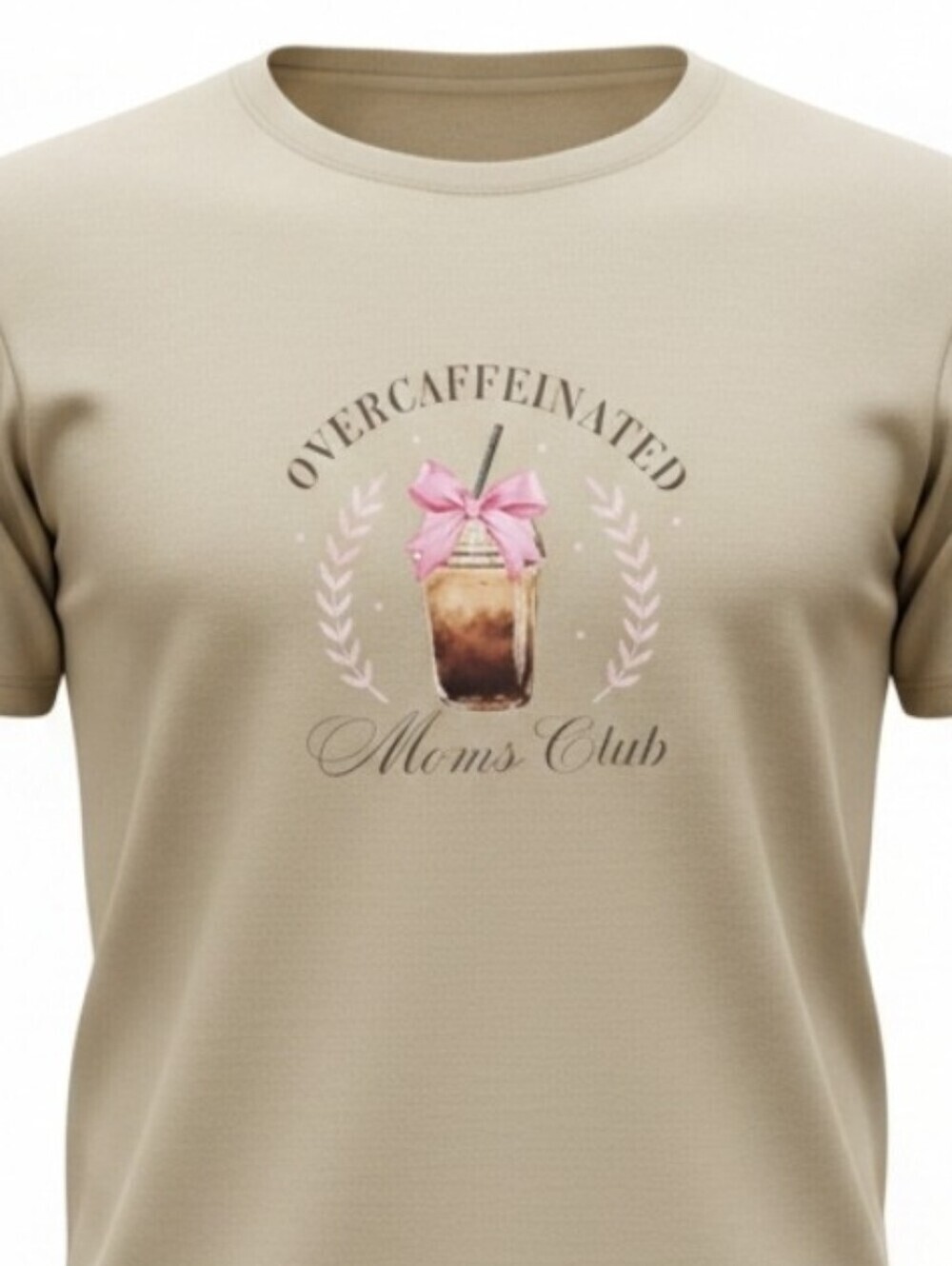 NEW! Overcaffeinated Moms Club Iced Coffee Pink Bow Casual Crew Neck T-Shirt